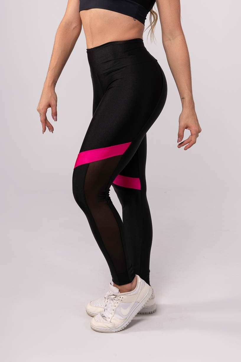 Calça Legging com Recorte de Tule (Preto / Rosa) | Ref: K3737-A
