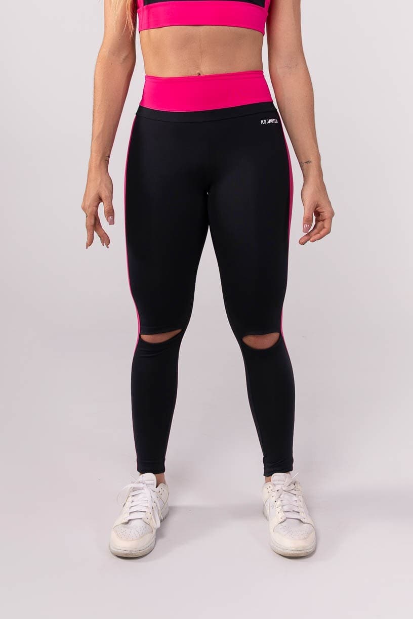 Calça Legging com Aberturaa no Joelho (Preto / Rosa) | Ref: K3740-B