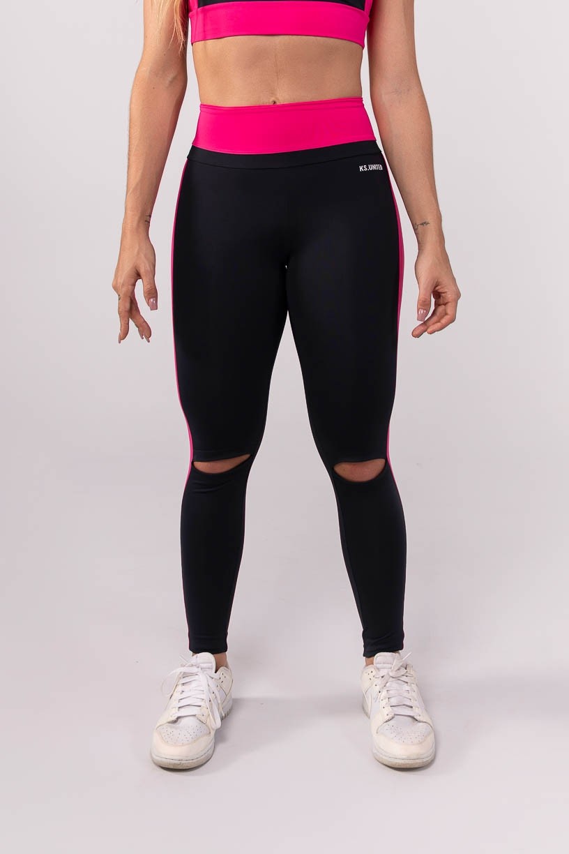 Calça Legging com Aberturaa no Joelho (Preto / Rosa) | Ref: K3740-B