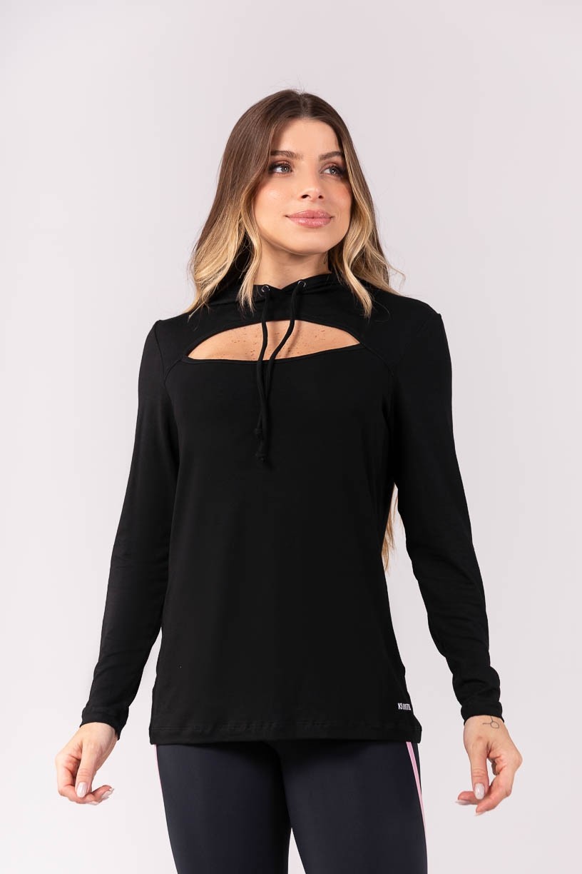 Blusa com Abertura e Capuz (Preto) | Ref: K3921-A