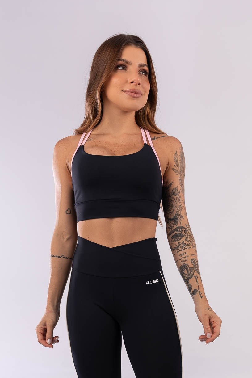 Top com Alças Duplas Cruzadas (Preto / Rosa Claro) | Ref: K3977-A