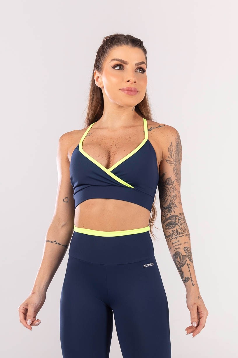 Top com Alças Transpassadas e Viés Vivo (Azul Marinho / Amarelo) | Ref: K3974-A