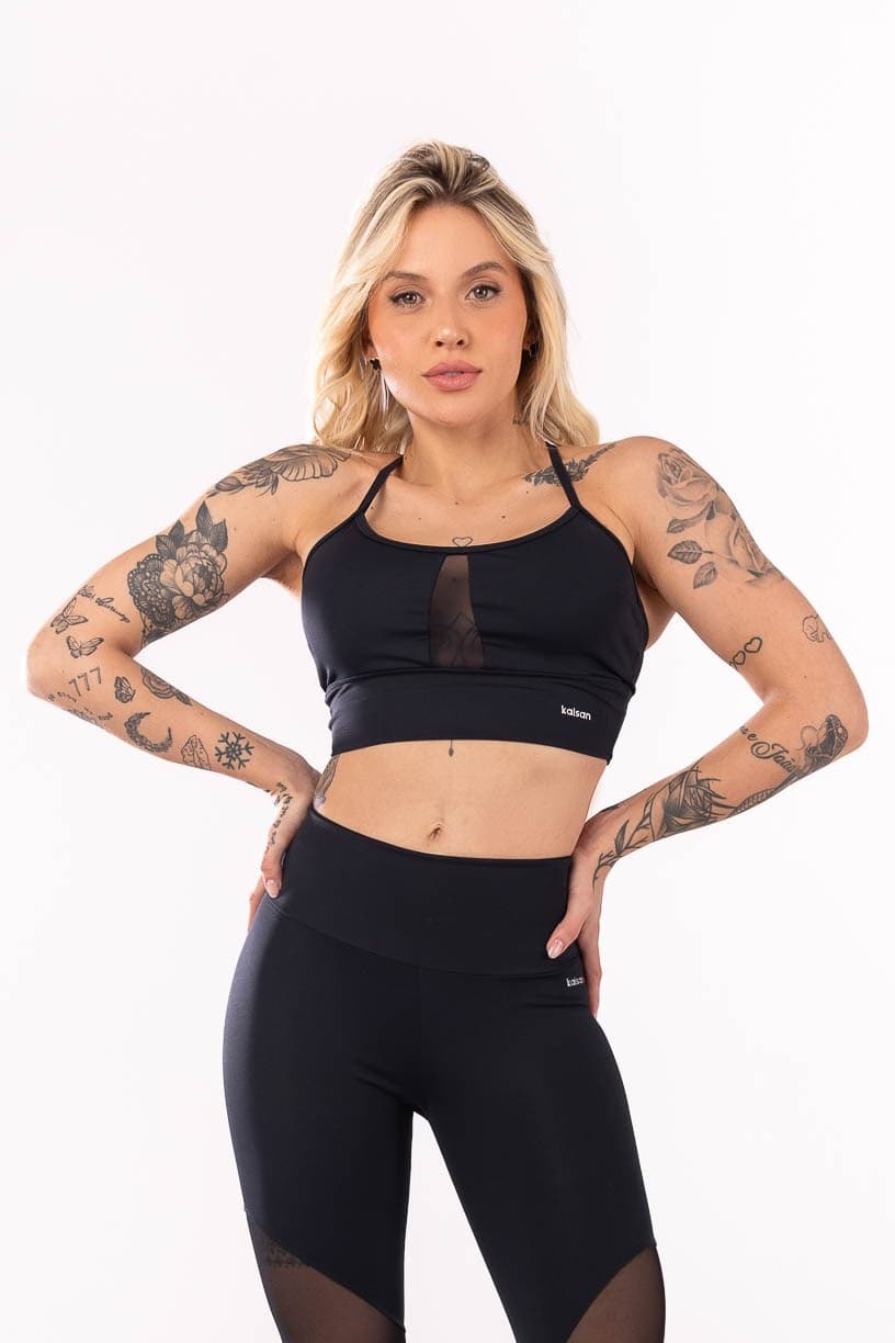 Top com Alças e Recorte de Tule (Preto) | Ref: K4058-A