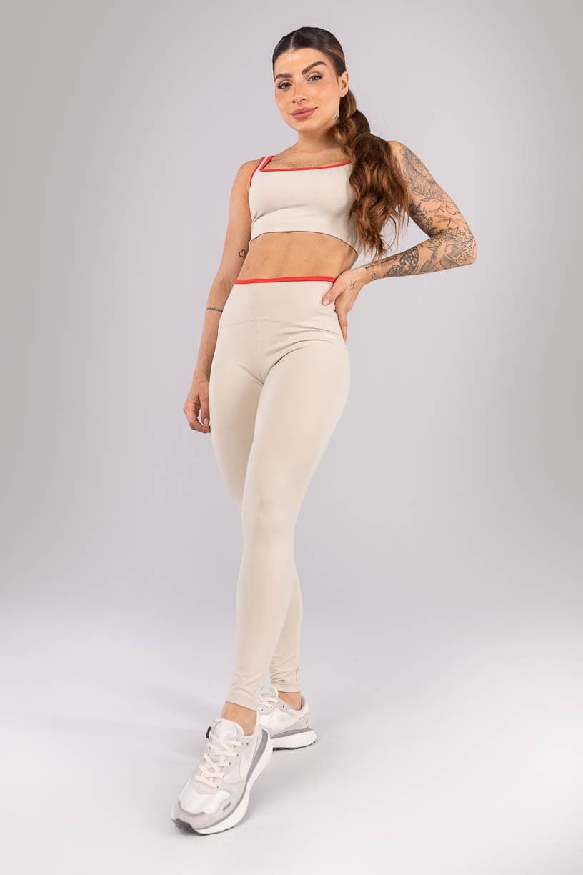 Calça Legging com Cós de Vira (Bege / Vermelho Tomate) | Ref: K4220-E