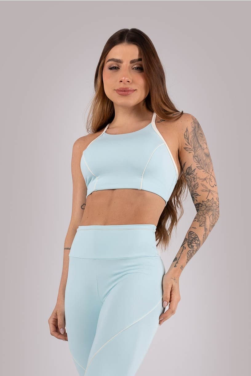 Top com Decote Alto e Vivo (Azul Bebê / Off-White) | Ref: K4427-B