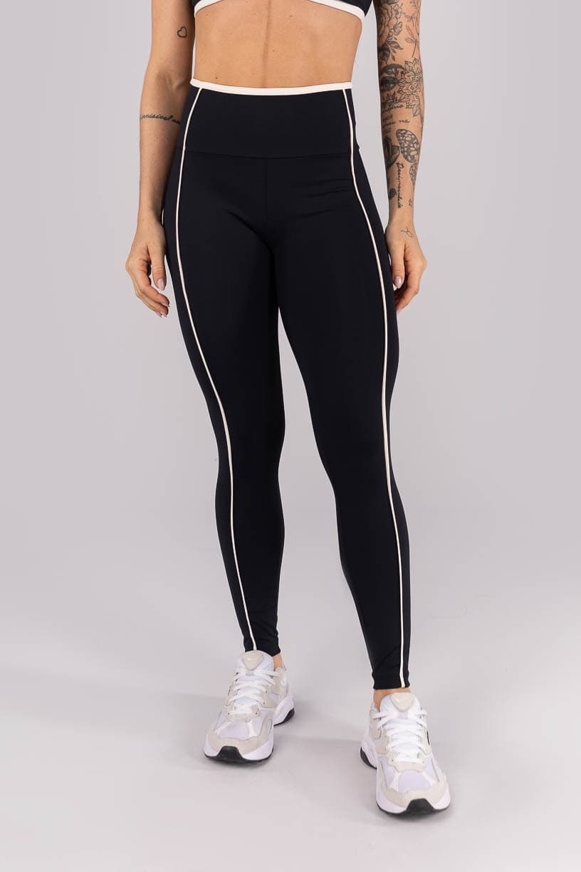 Calça Legging com Vivo e Viés Contrastante (Preto / Off-White) | Ref: K4454-C