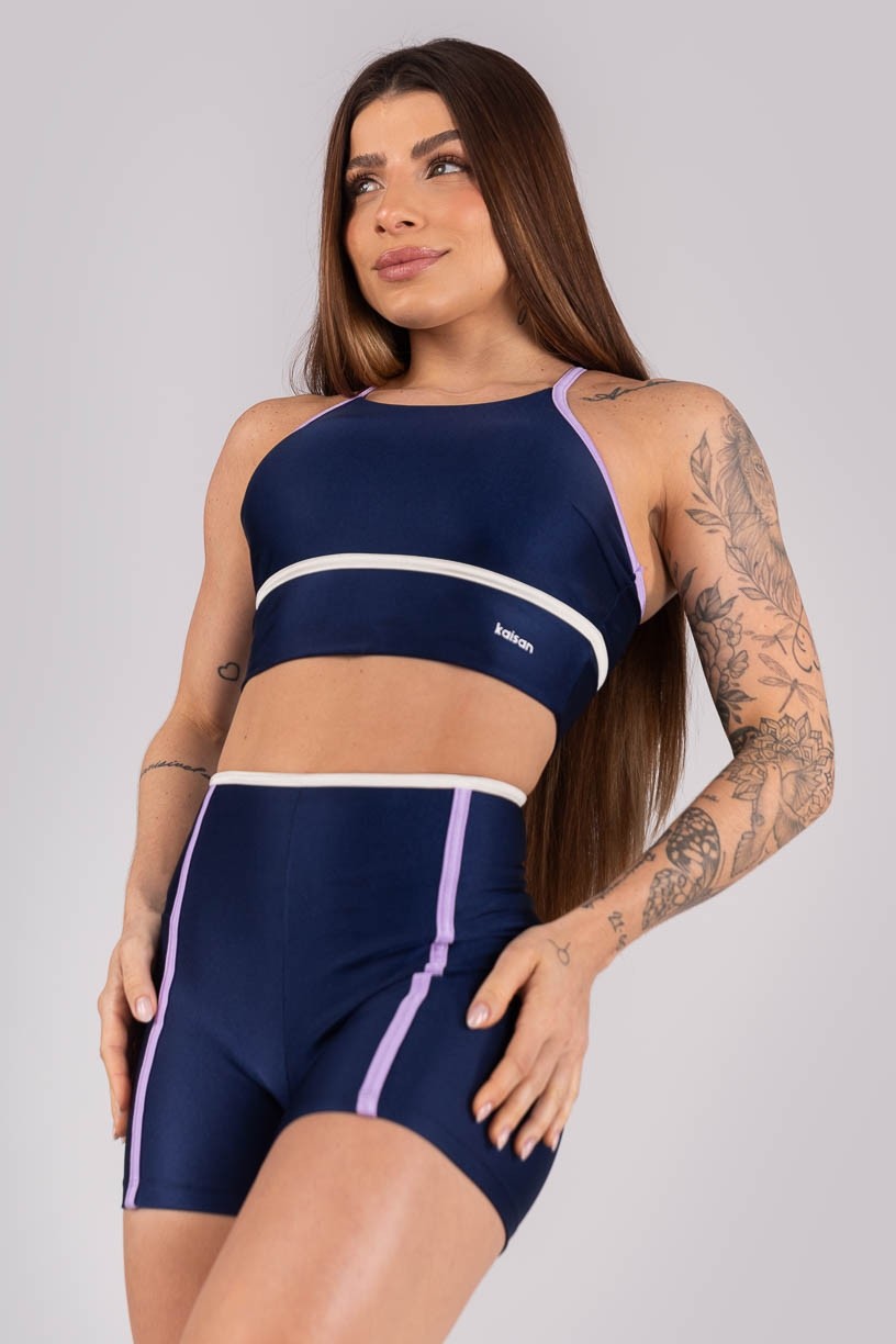 Short Tricolor com Chapados (Azul Marinho / Lilás / Off-White) | Ref: K4463-A