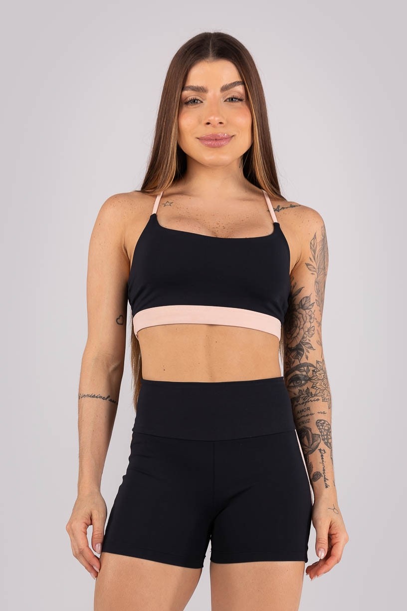 Top com Alças e Nadador Vazado (Preto / Rosa Bebê) | Ref: K4464-A