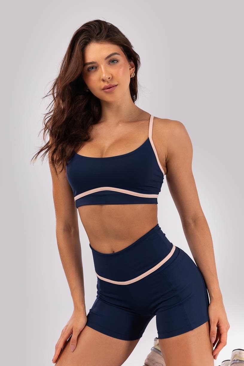 Short com Bolsos e Chapado no Cós (Azul Marinho / Rosa Bebê) | Ref: K4522-A