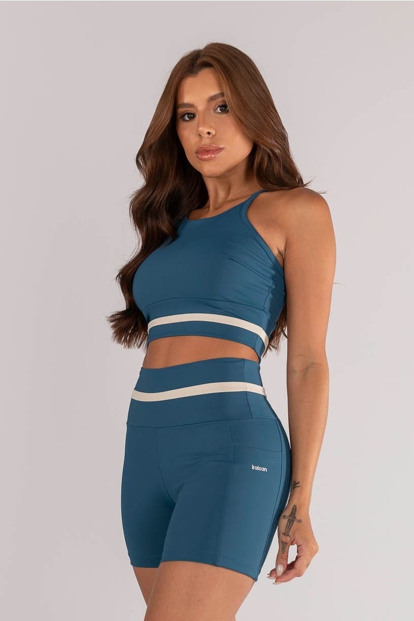 Top Decote Halter com Alças e Recote no Cós (Azul Petróleo / Off-White) | Ref: K4633-C