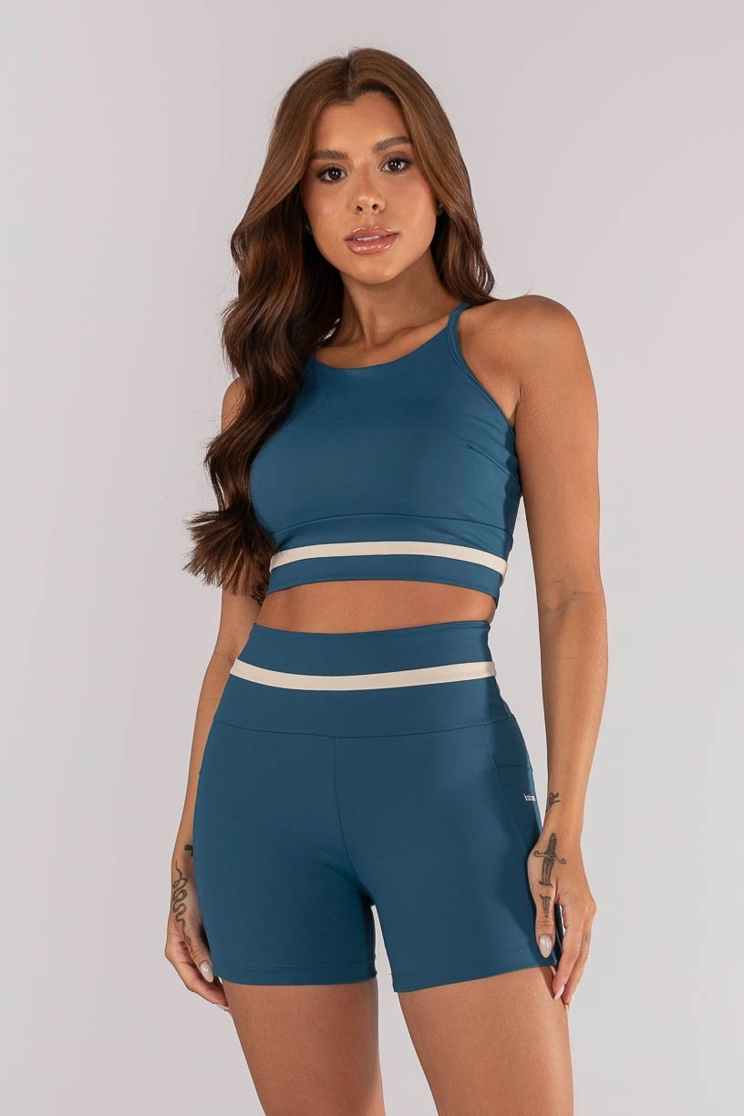 Top Decote Halter com Alças e Recote no Cós (Azul Petróleo / Off-White) | Ref: K4633-C