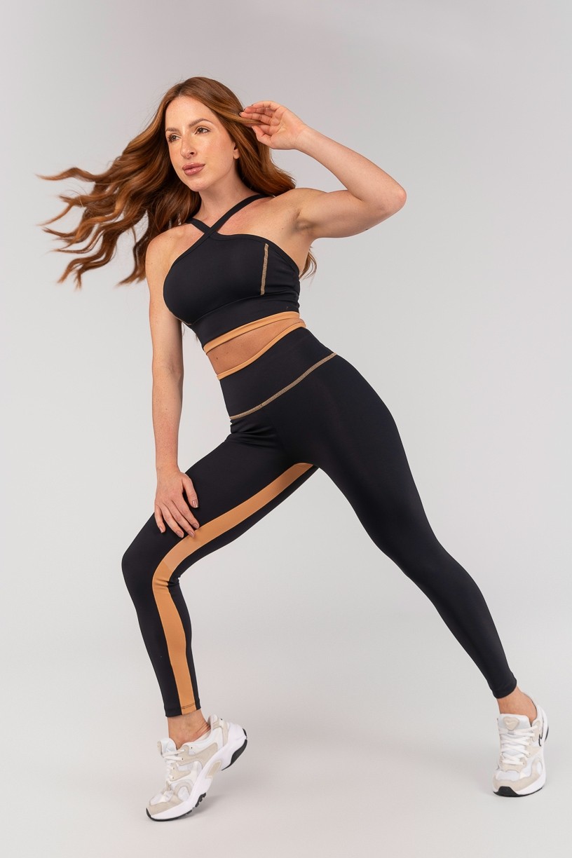Calça Legging com Vira e Recorte Entrepernas (Preto / Caramelo) | Ref: K4667-A