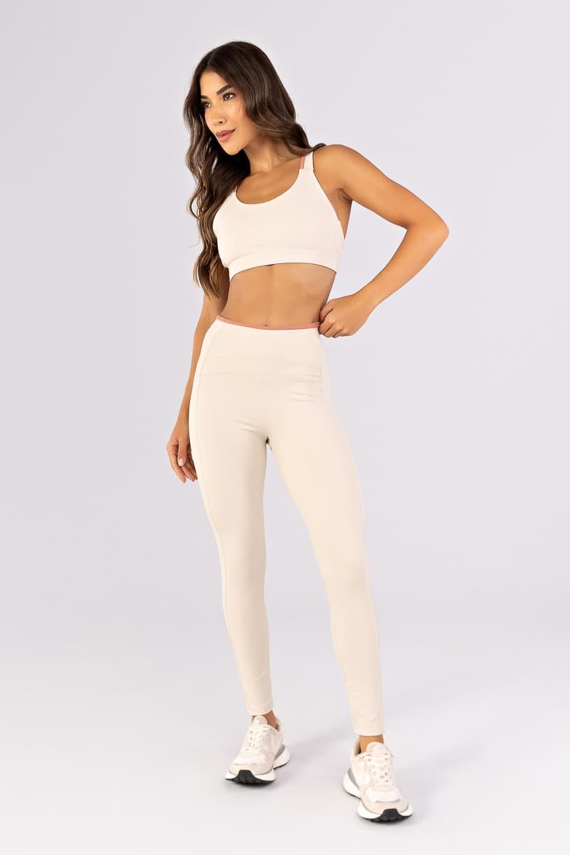 Calça Legging com Recortes e Vira Contrastante (Off-White / Telha) | Ref: K4791-A