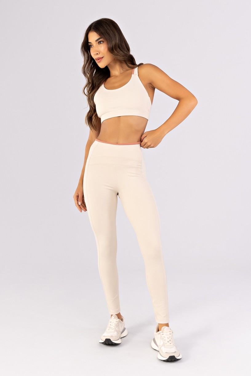 Calça Legging com Recortes e Vira Contrastante (Off-White / Telha) | Ref: K4791-A