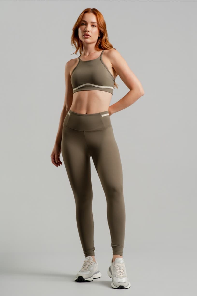 Calça Legging com Chapado Contrastante no Cós (Oliva / Off-White) | Ref: K4893-A