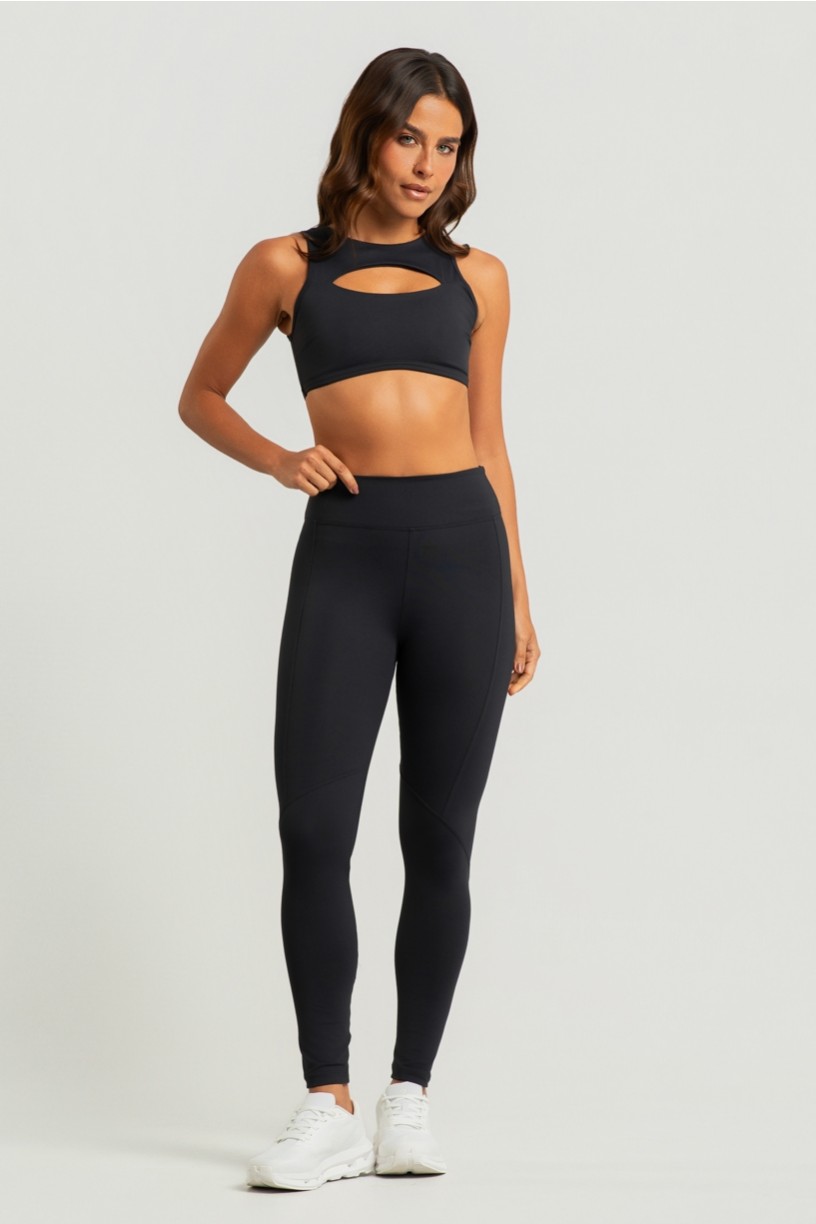 Calça Legging com Cós Estreito e Recortes (Preto) | Ref: K5010-A