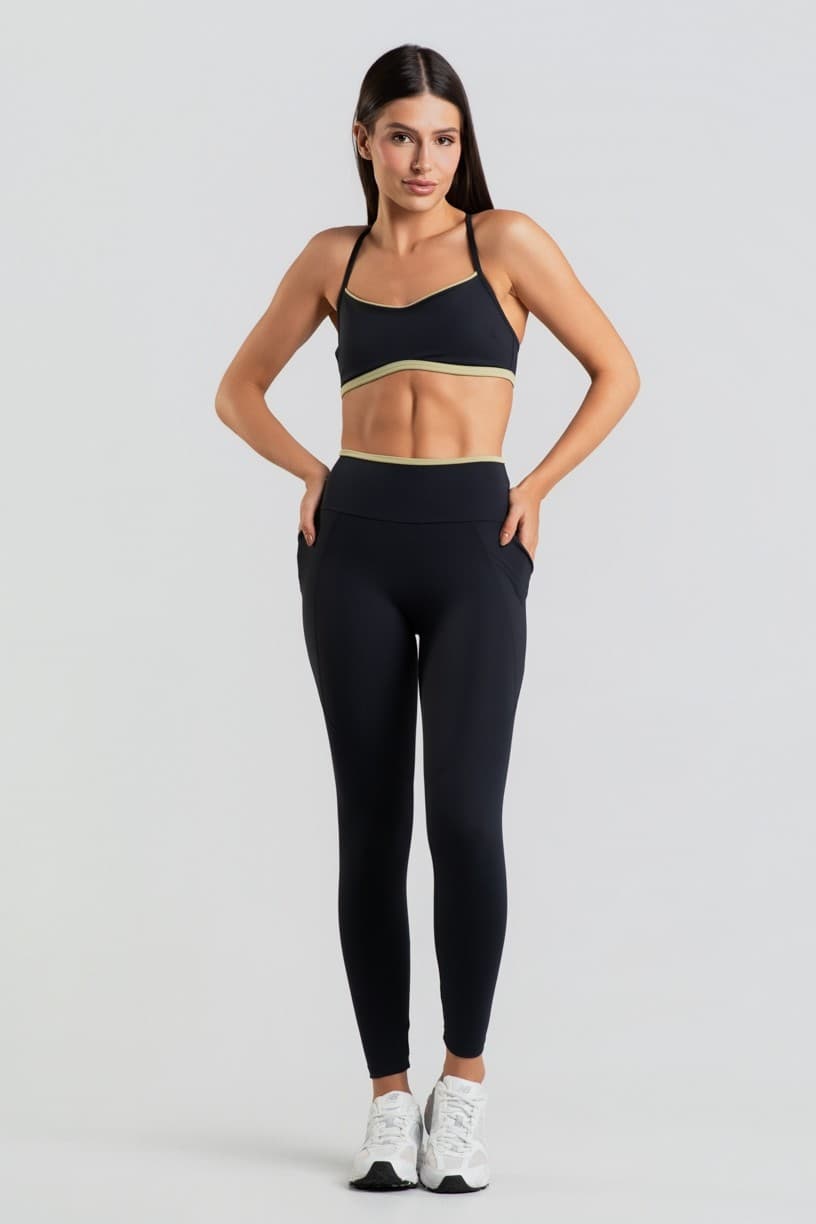 Calça Legging com Bolsos e Detalhes Contrastantes (Preto / Lemon) | Ref: K5053-B