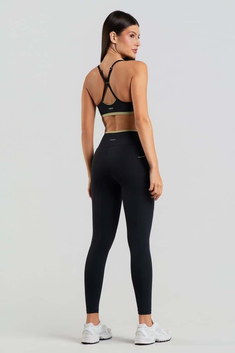 Calça Legging com Bolsos e Detalhes Contrastantes (Preto / Lemon) | Ref: K5053-B