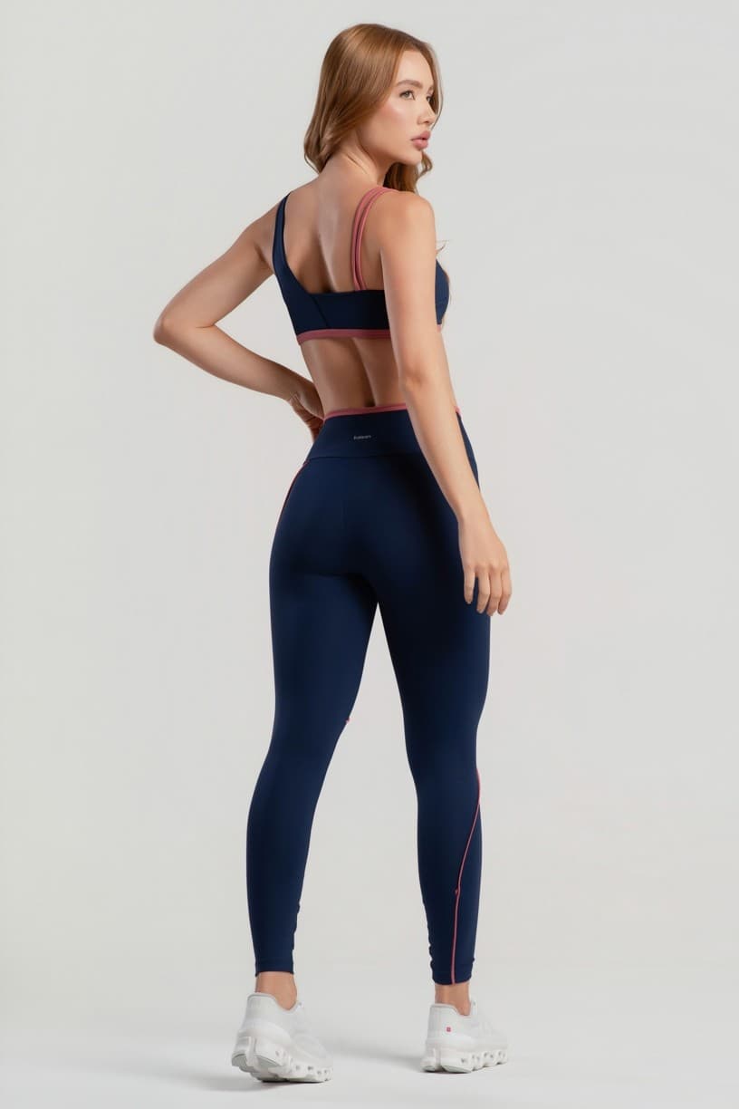 Calça Legging com Recortes Assimétricos (Azul Marinho / Híbisco) | Ref: K5078-A