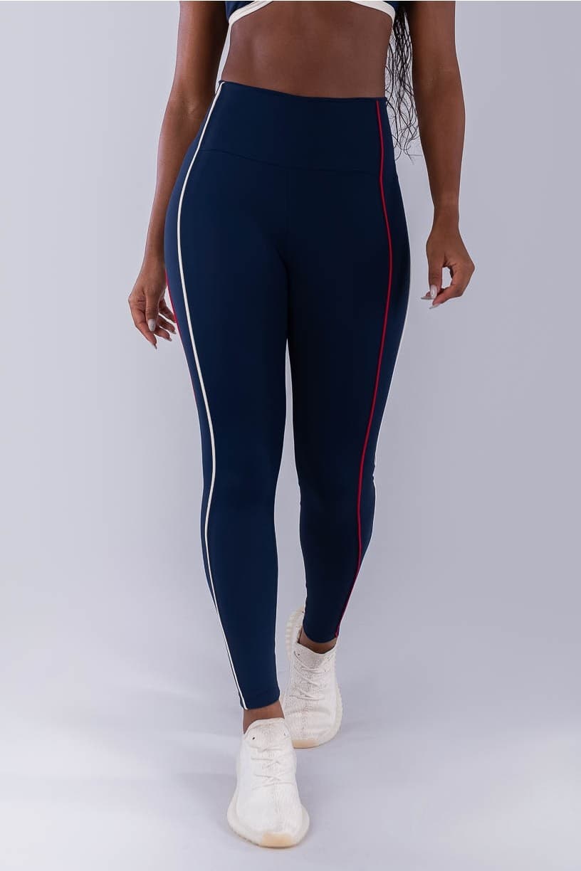 Calça Legging com Vivos Coloridos (Azul Marinho / Off-White / Vermelho) | Ref: K4476-C
