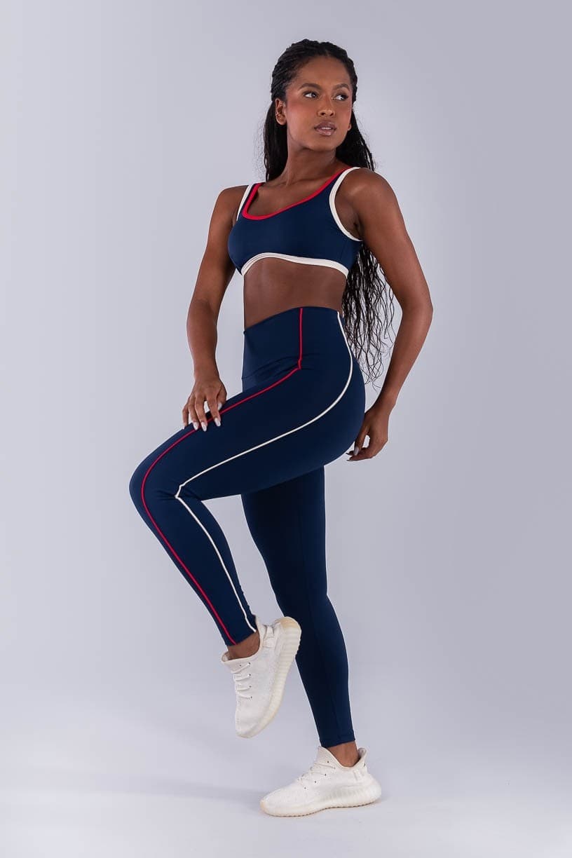 Calça Legging com Vivos Coloridos (Azul Marinho / Off-White / Vermelho) | Ref: K4476-C