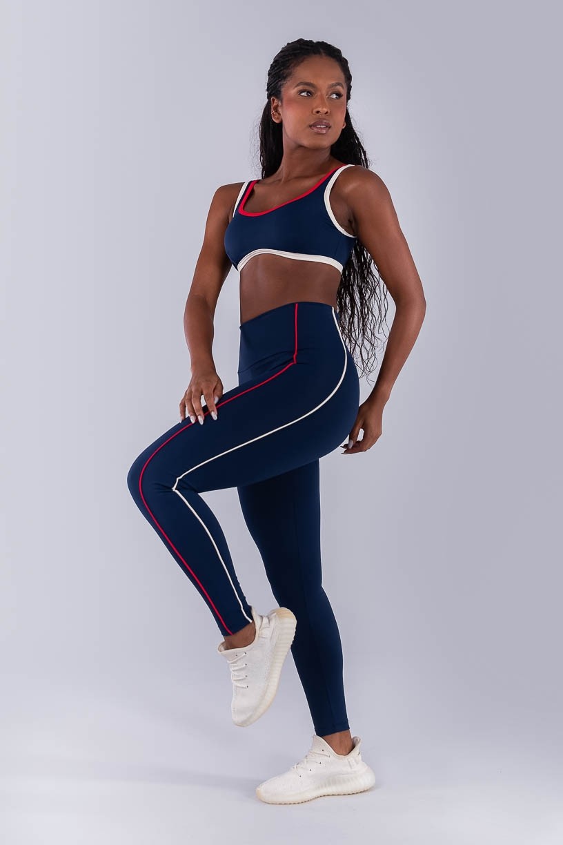 Calça Legging com Vivos Coloridos (Azul Marinho / Off-White / Vermelho) | Ref: K4476-C
