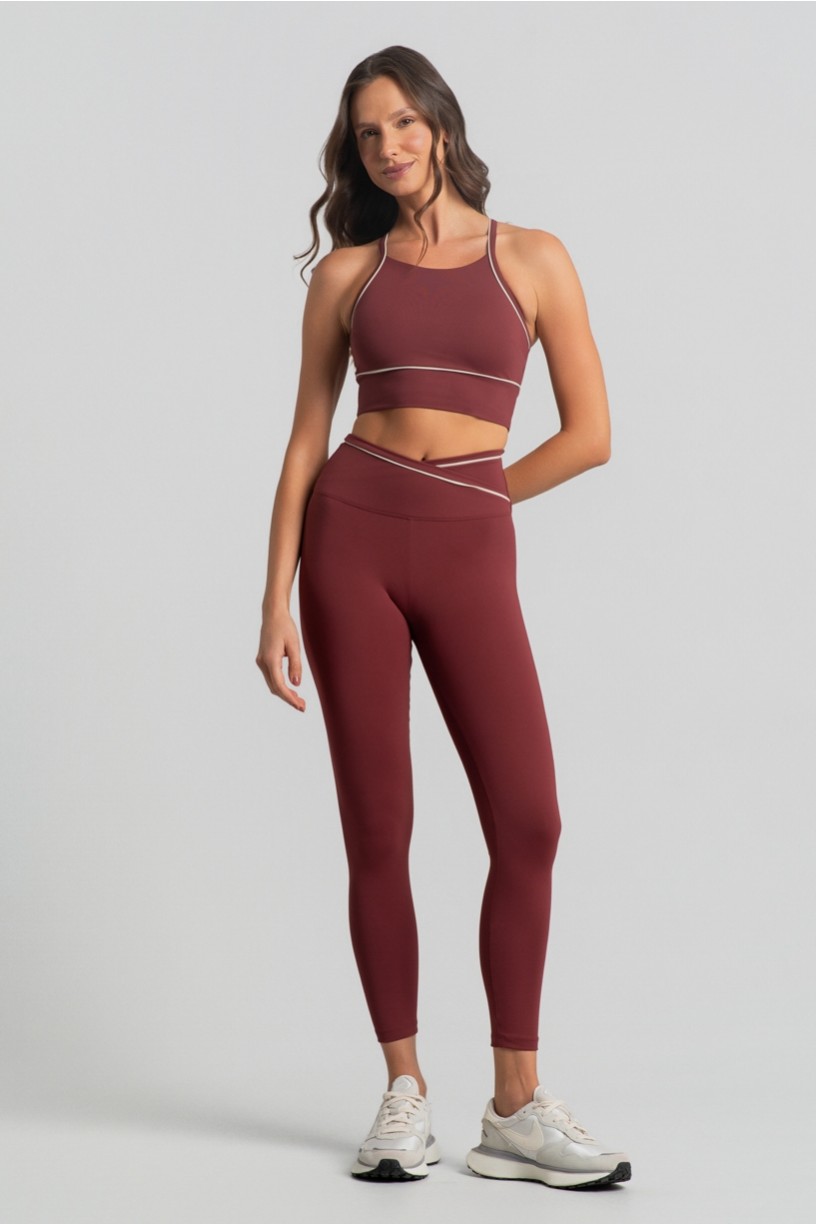 Calça Legging com Cós Transpassado e Vivo Contrastante (Rum / Off-White) | Ref: K4686-C